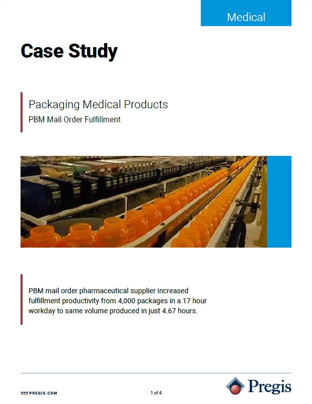 Case study on PBM Mail Order Fulfillment, showing an assembly line with orange bottles and highlighting productivity gains from 17 hours to 4.67 hours, by Pregis.