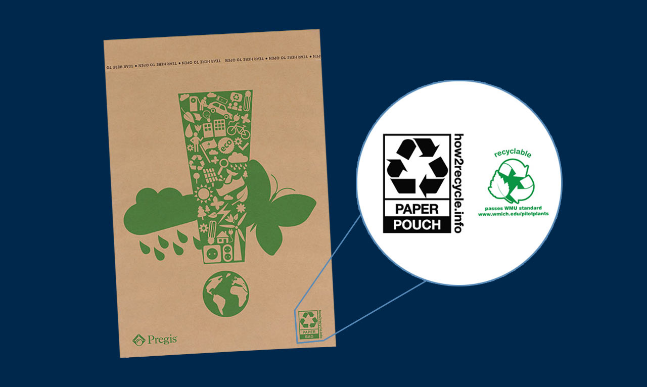 An Evertec mailer featuring a bold green design in the shape of an exclamation mark, composed of eco-friendly icons such as clouds, leaves, and energy symbols, highlighting its sustainability. Inset images show the 'How2Recycle' label for paper pouches and a 'Recyclable' certification logo from WMU.