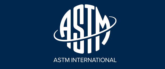 ASTM International logo featuring stylized, bold 'ASTM' letters surrounded by an orbit-like curve, with the full name written beneath it on a navy blue background.