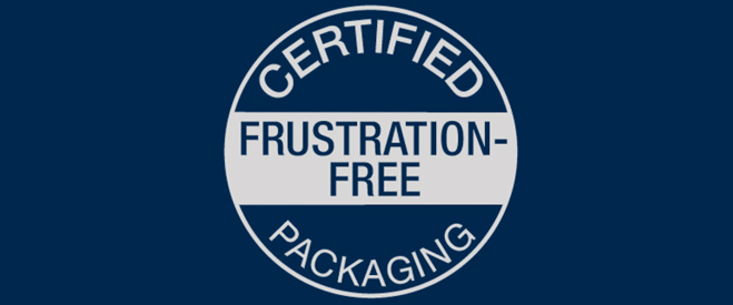 Certified Frustration-Free Packaging logo, a circular badge with white text and a two-tone design on a dark blue background.